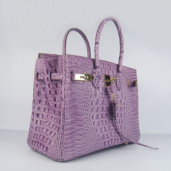 High Quality Fake Hermes Birkin 35CM Crocodile Head Veins Leather Bag Purple 6089